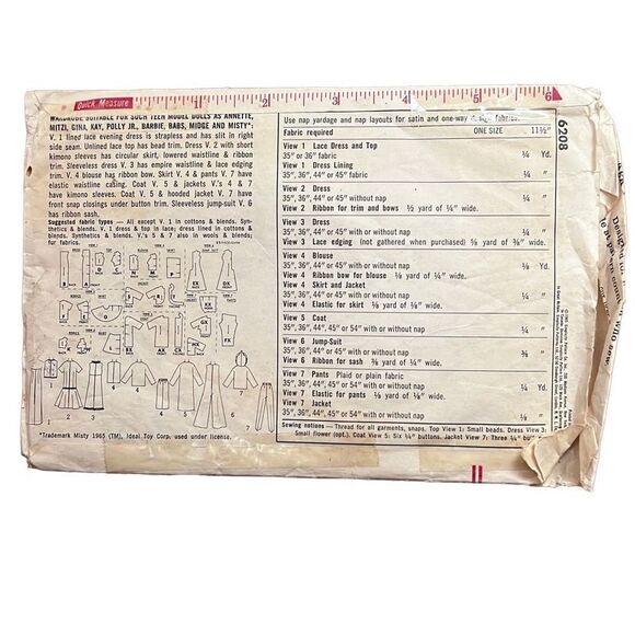 Vintage Simplicity 6208 Doll One Size Sewing Pattern (1965) - Picture 2 of 2